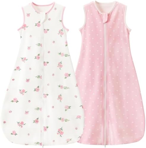 Nivolltha 2er Baby Schlafsack 1 TOG Baumwolle Blume und Rosa M | 100% Baumwolle Babyschlafsack, sanft zur Babyhaut, atmungsaktiv für angenehmen Schlaf im Frühling und Herbst, 6-18