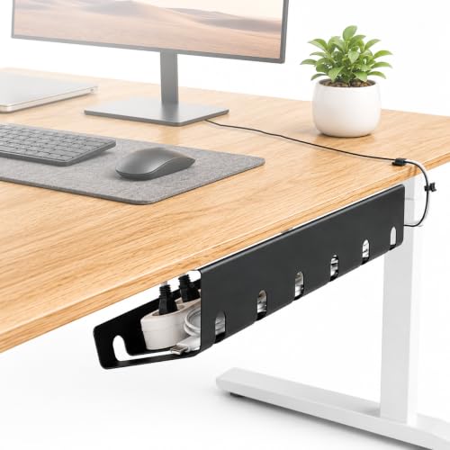 Image of JBM MART Metal Under Desk Cable Management Tray - Screw Mount Wire Organizer for Home Office Table, Holds Extension Board & Cords, Black | Includes 4 Screws & Manual