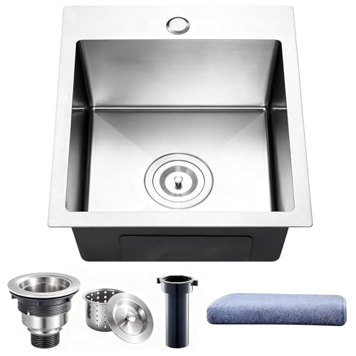 Drop In Bar Sink, 18x18 Inch Topmount Small Kitchen Sink, 16 Gauge Handmade Stainless Steel Small Bar Sinks, Outdoor Single Bowl Sinks with Accessories, Wet Bar Prep RV Office Outdoor Yard