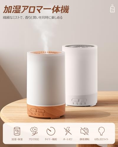 【2026新登場・タイマー機能搭載】加湿器 卓上 小型 アロマ対応 超音波加湿器 アロマディフューザー 2段階ミスト 7色LEDライト 自動停止機能 35dB 静音設計 省エネ 2種類ムードライト USB給電式 16時間連続稼働 睡眠モード 長時間運転 空焚き防止 上から給水 お手入れ簡単 車載 軽量 持ち運び便利 乾燥/花粉症対策 寝室・家庭・車用/デスク・リビング・オフィス用 綿棒なし