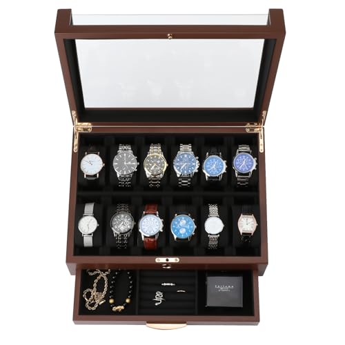 V-LAFUYLIFE Watch Box, Watch Case for Men and Women with Large Glass Lid, Wooden Watch Display Storage Box with 12 Slots