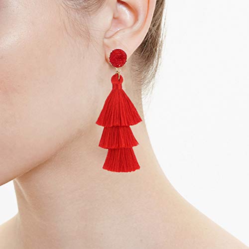 Legitta Red Tassel Earrings With Druzy Stud Layered Tiered Linear Drop Dangle Fashion Bohemian Earrings For Women Girls #TOP1