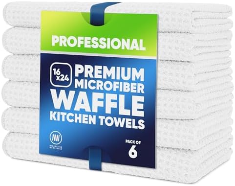 Kitchen Towels - Microfiber Waffle Weave Towels | Absorbent, No Lint, Thick, Reusable, Commercial, Soft, Hand, Tea, Glass, Bar, Sublimation Blank, Polyester Cloths (White, 16 x 24 (6 Pack))
