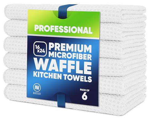 Kitchen Towels - Microfiber Waffle Weave Towels | Absorbent, No Lint, Thick, Reusable, Commercial, Soft, Hand, Tea, Glass, Bar, Sublimation Blank, Polyester Cloths (White, 16 x 24 (6 Pack))