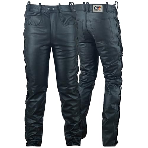 German Wear Lederhose lederjeans bikerjeans Büffelleder seitlich geschnürt Schwarz, Größe:52