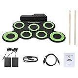 NEWFUN Batterie électronique, Batterie Electronique Adulte, Batterie Electrique Instrument, Batterie électronique Pliable Avec 7 Pads en Silicone, Baguettes et Pédale pour Débutants (green)