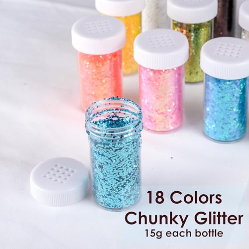 Craft And Party, Chunky Glitter, 18 Jars Assorted Colors Craft Glitter, Body, Make up and Nail Glitter. - Thumbnail 4