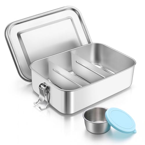 Joyfair Stainless Steel Lunch Box, 1400ml Bento Box with Condiment Container, Metal Sandwich Salad Food Storage Containers for Adults and Kids, Adjustable Dividers & Leak Proof, Oven & Dishwasher Safe