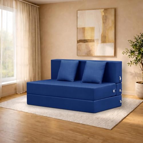 Image of 4x6-Feet 2-Seater Sofa Cum Bed Foldable Sofa Cum Bed Washable & Zipper |Jute Finish Fabric - Blue-Color