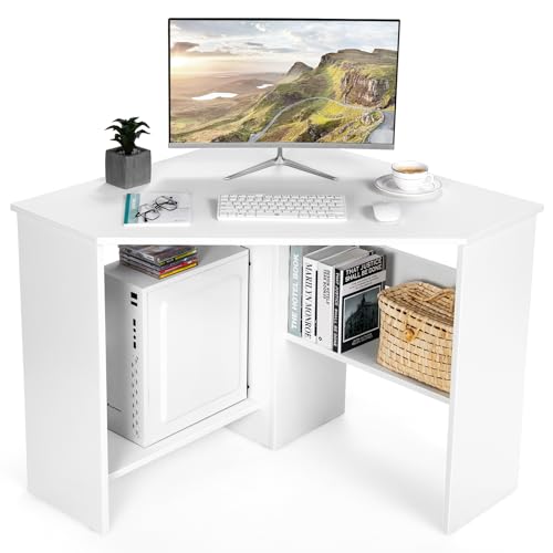 COSTWAY Corner Computer Desk, Space-Saving Triangular Writing Desk w/ 2 Storage Shelves & 2 Cable Holes, Multi-Functional Console Table for Small Space in Home Office, Living Room, Bedroom (White)