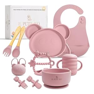 Silicone Baby Feeding Set – Complete Baby Led Weaning Supplies with Silicone Bibs, Suction Plates, Suction Bowl, Sippy Cup, Baby Spoon and Fork, Toddler Utensils (Angelic Pink)
