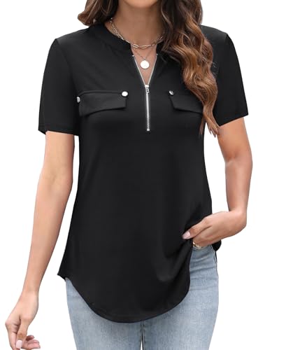 LuckyMore Women's Short Sleeve Zip Flowy Tunic Tops Business Casual Work Office Blouses Shirts (M-3XL)4