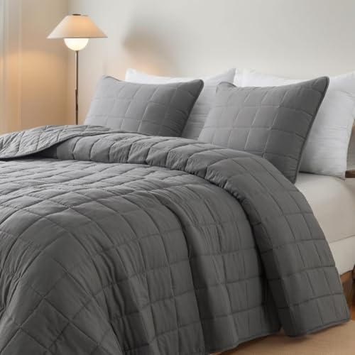 ROARINGWILD Grey Queen Size Quilt Bedding Sets with Pillow Sham, Summer Lightweight Soft Bedspread Coverlet, Farmhouse Country Gingham Quilted Blanket Thin Comforter Bed Cover, 2 Pieces, 90x91 inches