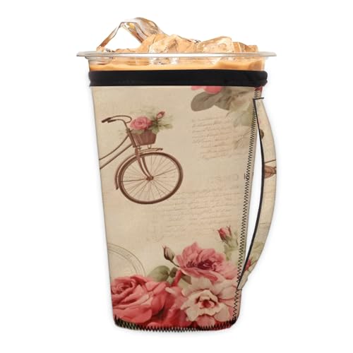 Bike Rose Poster Reusable Neoprene Coffee Sleeve with Handle Insulated Iced Coffee Cup Holder Reduces Condensation Fits 24-28 oz Cups M