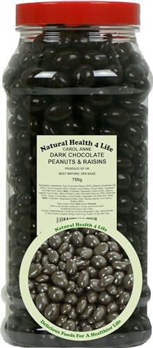 Natural Health 4 Life Carol Anne Confectionery Dark Chocolate Peanuts & Raisins 750 g in Recyclable Gift Jar (1 Jar)