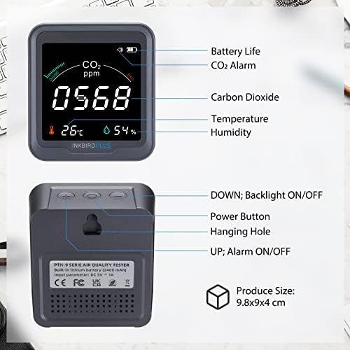INKBIRDPLUS CO2 Monitor, PTH-9C CO2 Detector, 3 in 1 Indoor Air Quality Monitor, Carbon Dioxide Meter Temperature Humidity Monitor, 400-5000 PPM CO2 Sensor With Alarm