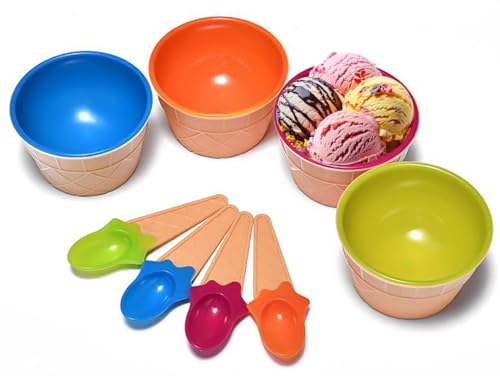 Dessert Bowls, 4 Pack Ice Cream Bowl Spoon Set,Frozen Yogurt Cups with Spoons Durable Plastic Candy Color Lovely Dessert Bowl DIY Ice Cream Tools For Festive Party Favor Kids Gift