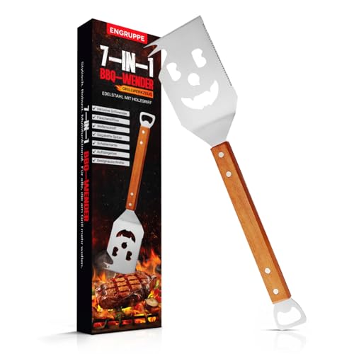 ENGRUPPE 7-in-1 BBQ Wender Grillbesteck Edelstahl mit Holzgriff Multifunktionales Grillspachtel mit Flaschenöffner Schaberkante & Designausschnitt Männer & Vatertag
