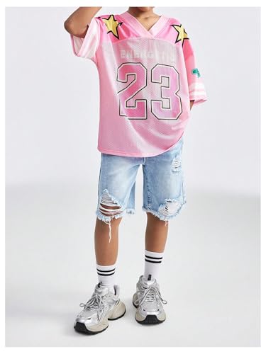 Image of Floerns Girl's Jersey Shirt Printed Oversized Short Sleeve Mesh Tee Shirts V Neck Sport Jersey Shirts