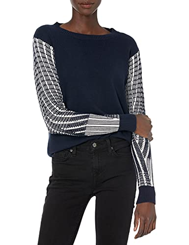 Cable Stitch Women's Contrast-Sleeve Cotton Sweater - Crewneck Long Sleeve Knitted Pullover Top