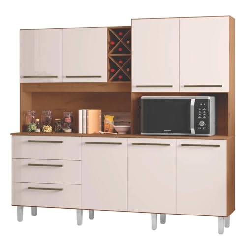 Armário de Cozinha Completa Com Adega 7 Portas 3 Gavetas 2,07m Ajax Nature/Off White Zanzini  