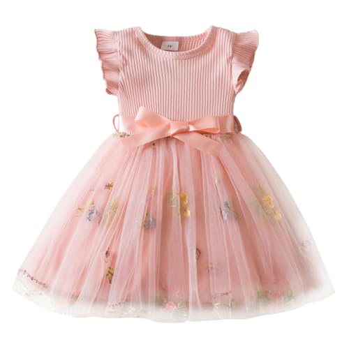 UUAISSO Vestido Tul Para Niña Pequeña sin Mangas con Volantes Bordado Floral Cielo Estrellado Degradado Ropa Para Niña Bebé Floral rosa 3 años