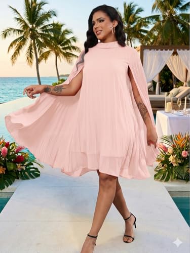 Image of Women's Casual Cape Sleeve Pleated Split Short Dress Loose Fit Cocktail Party Flowy Dress