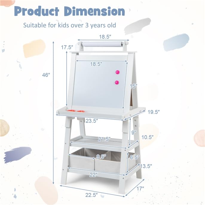 Image of GLACER All-in-One Double Sided Painting Easel for Kids with 2 Storage Bins, Paper Roll, Magnetic Whiteboard & Chalkboard, Gift for Boys & Girls (White)