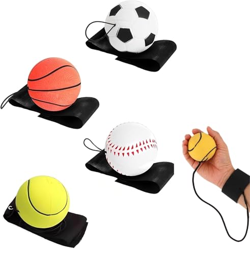 SHSHbuy 4 Stück Springball mit Schnur,Ø 6cm Handgelenk Return Ball,Springball Returnball Flummi Armband Sport Spielzeug für Kinder Erwachsene,Fußball/Basketball/Tennisball/Baseball