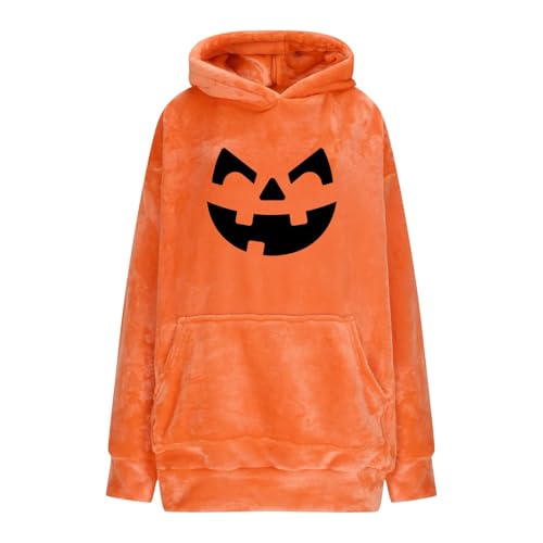 Xiaojmake Halloween Fuzzy Sweatshirt Pillow 2 in 1 Women & Men Cute Spooky Season Pumpkin Face Flannel Hoodies with Pockets
