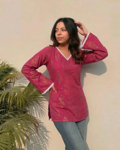 Image of ANNI Designer Short Kurti for Women Printed Design | V Neck Full Sleeve Kurti Tops for Women | Stylish Kurtis & Short Kurtis for Woman | Kurti with Jeans Casual Wear | Kurtas for Woman