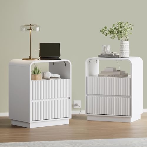 Image of Wodeer White Nightstands Set of 2 with Charging Station, Mid Century Modern End Tables & Bedside Tables, Fluted Wood Small Night Stands with 2 Hidden Drawers and Storage Shelf for Bedroom