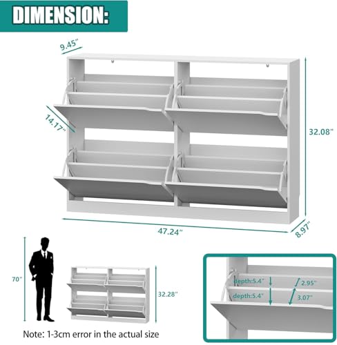 Image of Xixini Shoe Storage Cabinet for Entryway with 4 Flip Drawers, Sturdy Wood Hidden Shoe Storage, Freestanding Narrow Slim Shoe Organizer for Front Door Entrance, Living Room, Hallway, Bedroom, White