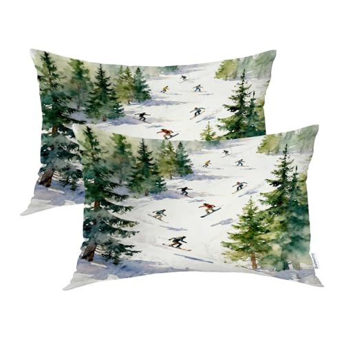 Batmerry Skiing Snowboarding Pillowcases, Forest Winter Primitive Watercolor Ski Decorative Bed Pillow Cover with Hidden Zipper Soft Blended for Hair and Skin 20X26 in