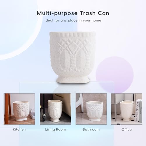 Image of Bathroom Trash Can, Ceramic Wastebasket Garbage Container for Bathroom, Bedroom, Dorm, College, Office, Beige-White Decorative Compact Trash Can
