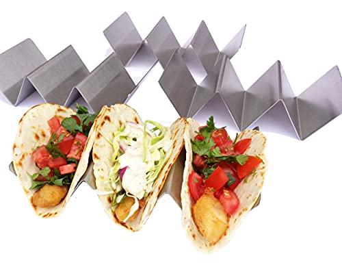 Taco Holder - Taco Holders, Stainless Steel With Free Recipe Ideas - Taco Stand Up Holder - Taco Stand - Taco Plates - Holds 3 Tacos - Dishwasher, Oven And Grill Safe (4 Pack) #TOP4