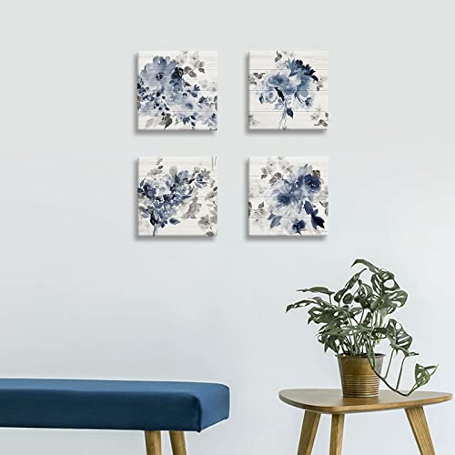 Blue Bathroom Decor - Blue Watercolor Flower Wall Art Pictures For Bedroom Wall Decor Kitchen Wall Art Blue Botanical Wall Art Bathroom Pictures For Wall Artwork For Home Walls Framed 14X14Inch X4Pcs #TOP4