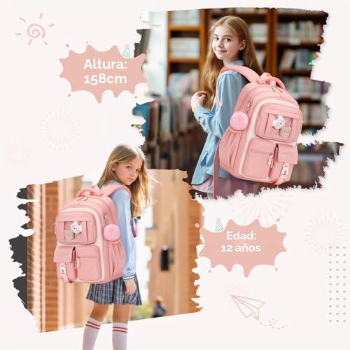 Miniatura 2 de Amythe Mochila Escolar Niña, Mochilas Primaria Escolares Transpirable Para Infantil Niñas De 8 10 12 Años, Kawaii Mochila Chicas Colegio Con Colgante, Rosa