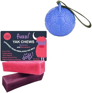 Fuzzl Blueberry Strawberry Yak Chews & Soccer Ball Blue Dog Toy Bundle | Natural yak chew + durable eco rubber treat-dispensing chew ball with rope - complete chew & play bundle for dogs