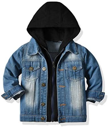 SOFEON Toddler Baby Boy Girls Denim Jacket Button Down Basic Ripped Hoodie Jeans Coat Kid Cowboy Outwear Casual Clothes (Hoodie-black, 12-18 Months)
