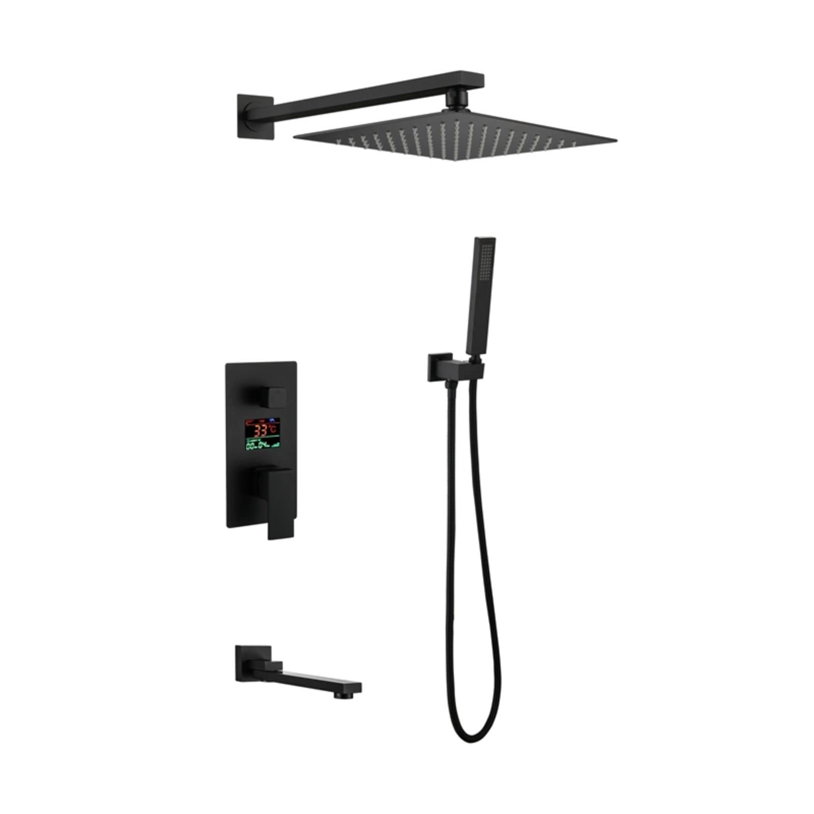 WOTZOV Shower System Wall Mounted Faucet Set With Led Digital Display Combo Single Handle Rain Mixer With Bathtub Spout, Handheld, 10" Head,Chrome，Nero