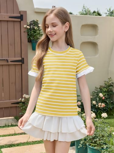 Image of Haloumoning Girls Striped Ruffle Short Sleeve T Shirts Kids Summer Crewneck Tops Casual Tees 5-14 Years