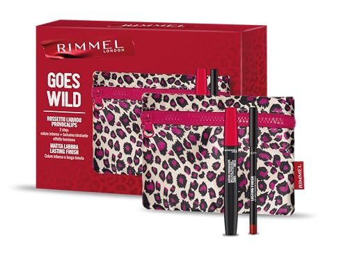 Rimmel London, Cofanetto Regalo Donna Rimmel Goes Wild, Pochette Leopardata con Rossetto Liquido Provocalips 500 Kiss the Town Red + Matita Labbra Lasting Finish 880 Wine