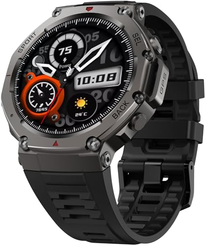 Outdoor GPS Smartwatch, 1.43" AMOLED Display, Titanium Alloy, 5ATM Waterproof, 22-Day Battery, 170+ Sport Modes, Compass, Heart Rate/SpO2/Stress/Sleep Monitor, for Android iOS Men Women (Black)