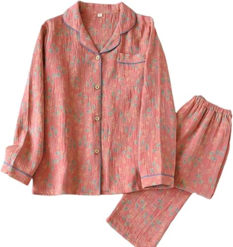 Vintage Leaf Cotton Lapel Loungewear Set, Ginkgo Leaf Neckline Button Colorful Floral Pure Pajama, Pajama Two Piece Set