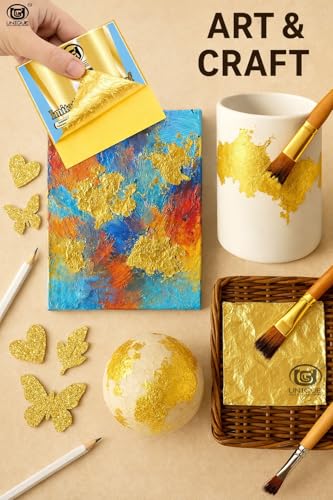 Image of UGLS Gold Leaf Sheets Art (8 x 8 cm, 100 Sheets) with 150 ml Golden Glue Gilding Adhesive | Gold Foil for Gilding, Resin Art, Mysore Painting, Arts & Crafts, DIY Crafts & Furniture Decoration