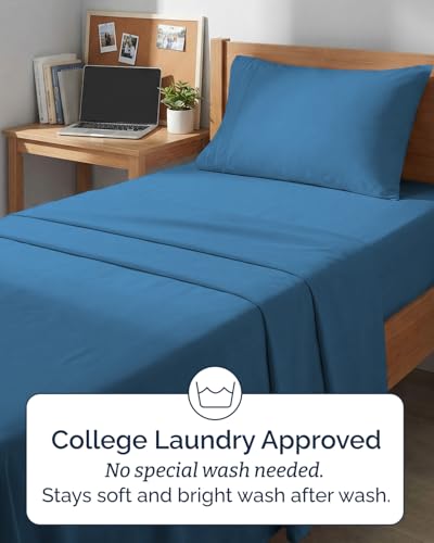 Image of Twin XL 4 Piece Sheet Set - College Dorm Room Essentials - Denim Blue | Ultra Soft Dorm Bedding Set, 8 inch to 16 inch Inch Deep Pockets, 1 Flat & 1 Fitted Sheet & 2 Pillowcases, Wrinkle & Fade Free