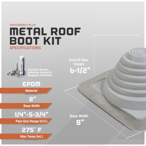 Image of Fasteners Plus #3 Square EPDM Metal Roof Pipe Flashing Boot with Complete Install Kit (Fits 1 /4 inch - 5-3 /4 inch Pipe OD), Gray