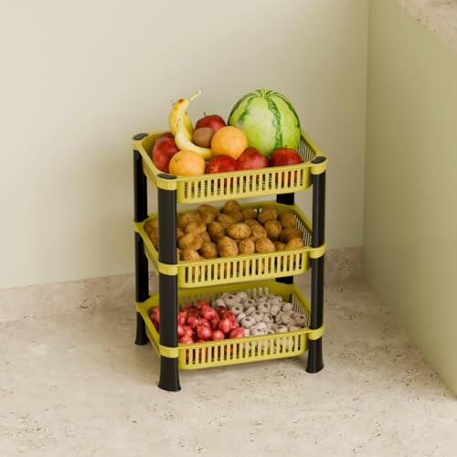 Image of Multipurpose Plastic Storage Rack for Kitchen | Foldable Vegetable & Fruit Organizer Stand for Onion, Potato, Sabji | Countertop Multi-Layer Basket Rack for Home, (Yellow, 3 layer)