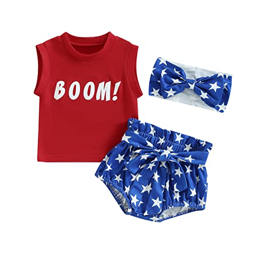 CHAUKAREAUL Baby 4th Of July Outfit Girl Letter Print Short Sleeve Romper Crew Neck Star Shorts Summer Clothes Bodysuit Set (RedB, 3-6 Months)